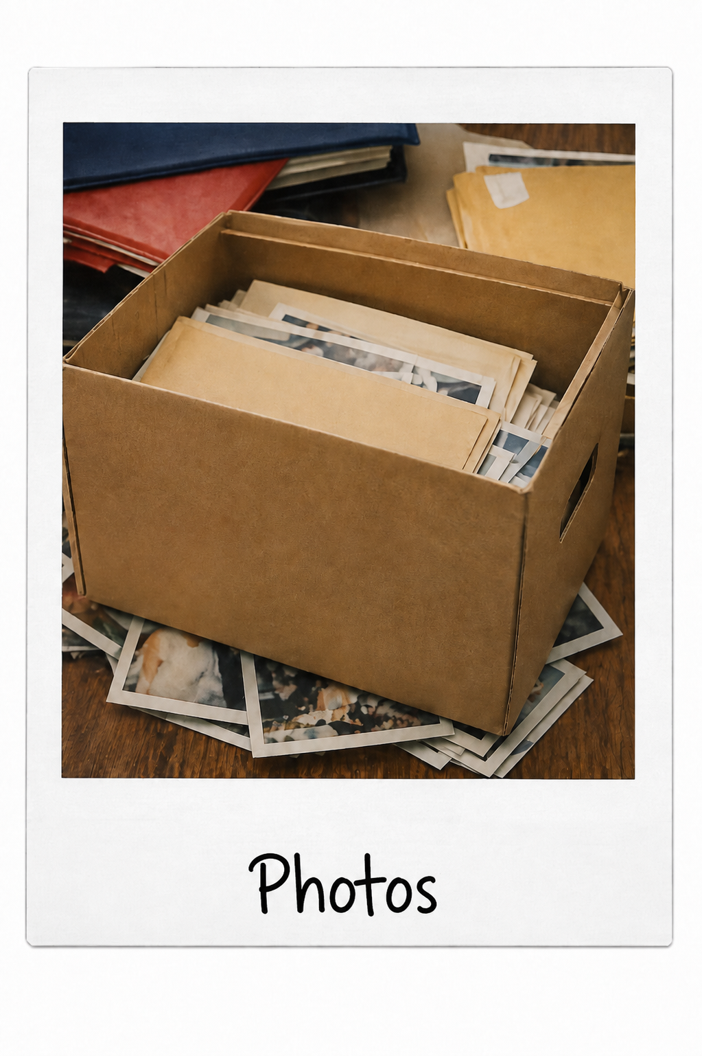 A kraft box filled with printed photographs, labeled Photos