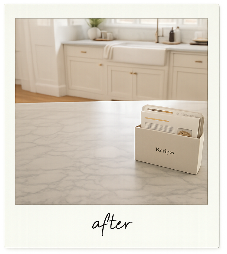 A tidy labelled recipe box on a clear counter after the purge
