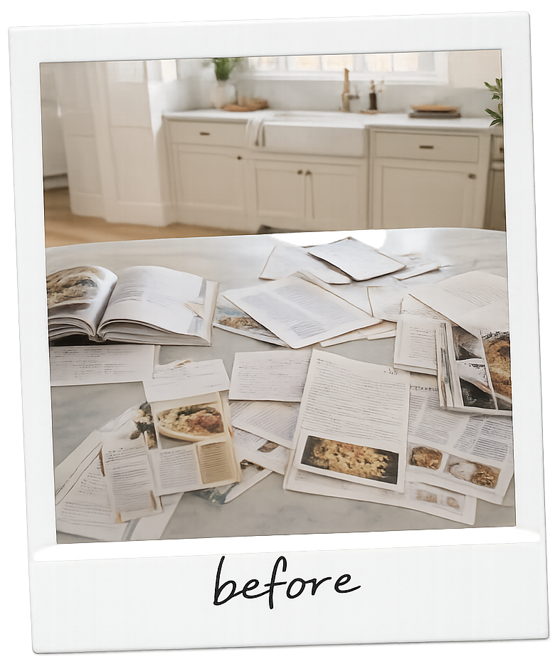 A kitchen table covered in loose recipes and papers before the purge
