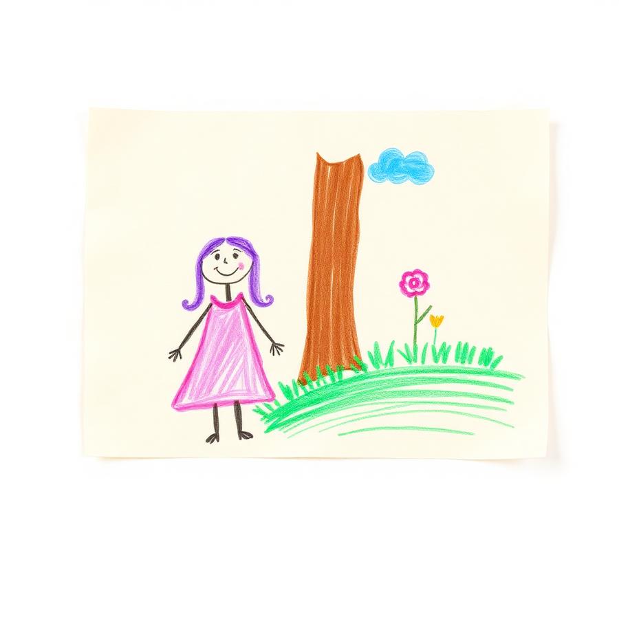 A child's crayon drawing of a girl beside a tree
