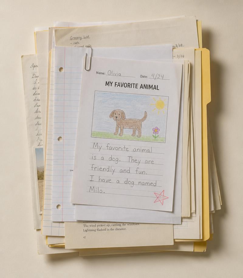 A neat stack of school papers, notebook pages and a manila folder held with a paper clip